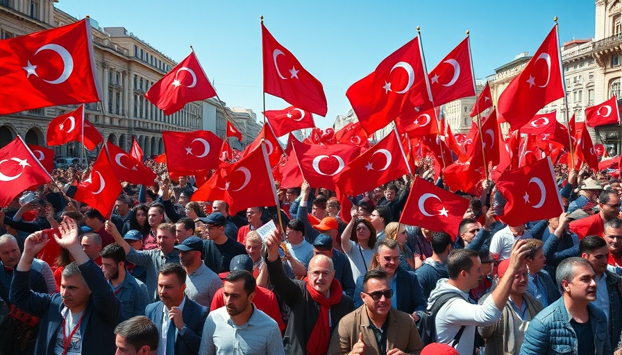 Turkey CHP leadership case protest with flag-waving crowd.