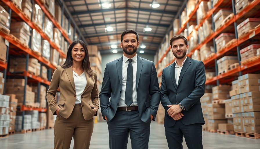 Warehouse scene with business professionals and logistics supplies.