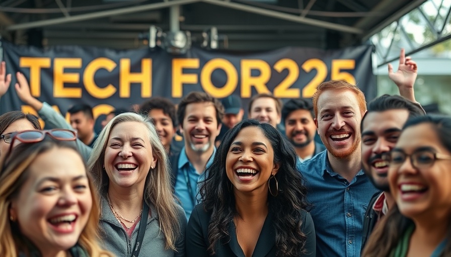 Group celebrating Tech Forge 2025 event with smiles and joy.