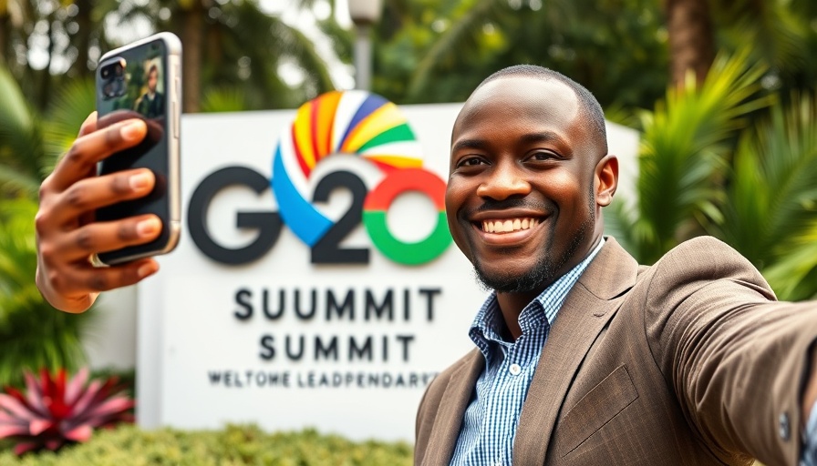 Businessman at G20 Summit sign in South Africa, Africa's Role at the G20 Summit.