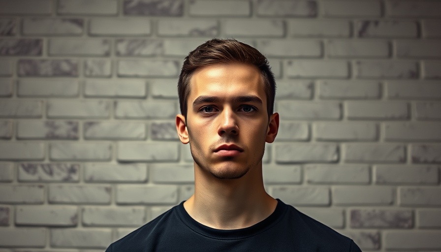 Serious young man standing for mugshot against a plain wall, Political Violence in America.