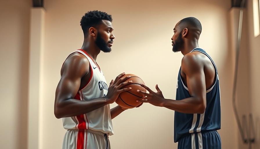 Basketball players in studio, contrasting heights, studio setting.
