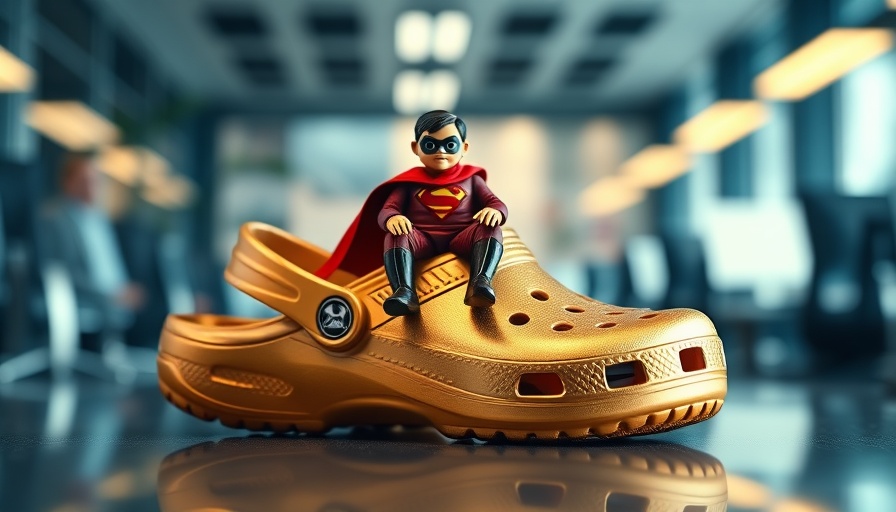AI-powered creativity depicted with cinematic gold Crocs and superhero.