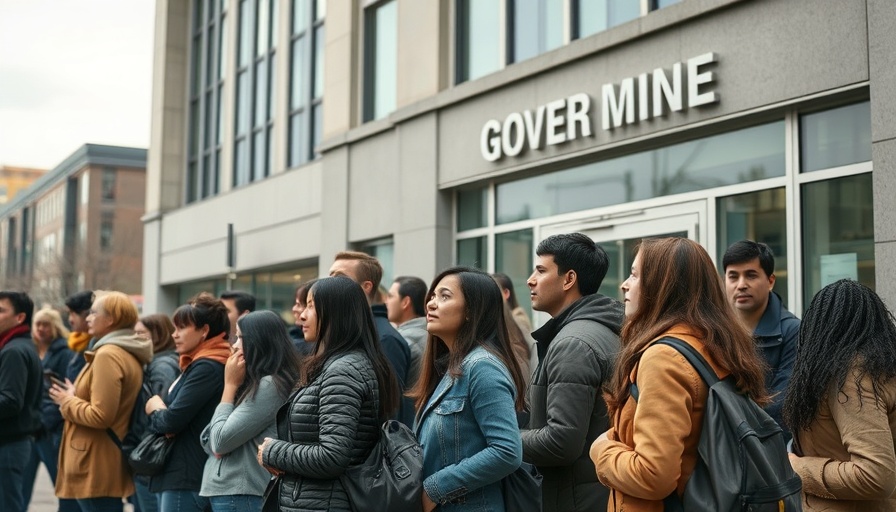 People waiting outside SASSA office for social grants, overcast day