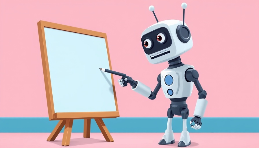 Quirky robot teaching AI concepts at a chalkboard.
