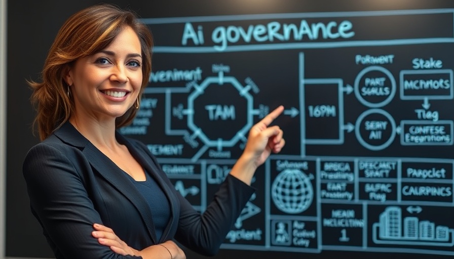Confident woman explains AI governance framework on digital board.