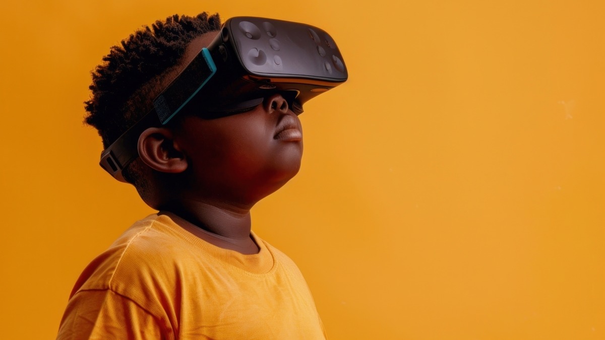 Young woman discussing augmented reality in education, vibrant setting.