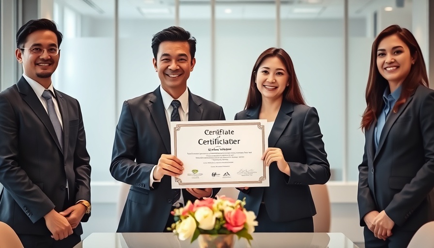Group of professionals showcasing a certificate in a corporate setting.