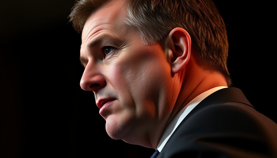 Close-up of a man speaking at event, dark background, dramatic lighting.