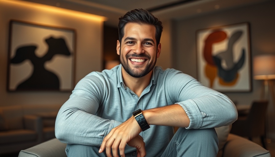 Smiling man with bracelet in modern interior, Siya Kolisi jewelry line.
