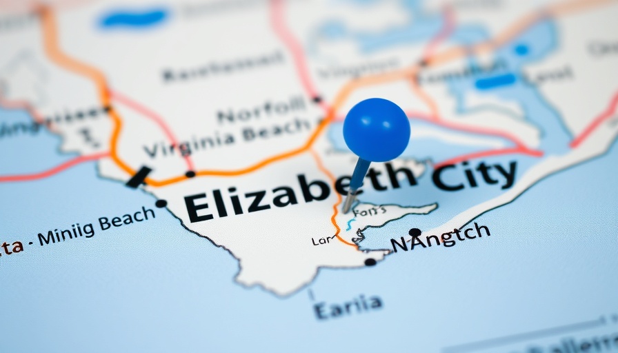 Map close-up with blue pin marking Elizabeth City, near Virginia Beach.