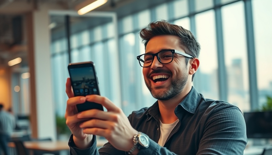 Joyful man in office showing cityscape on phone, Unreal Fest Stockholm.