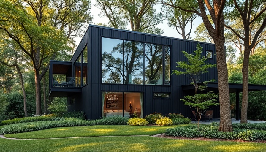 Modern black house with large windows in lush greenery real estate.