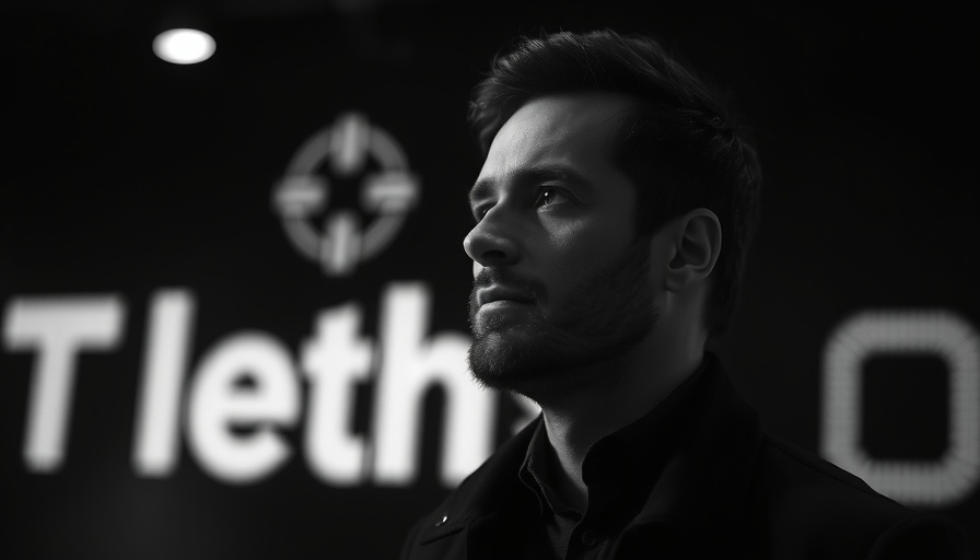 Contemplative man with tech logos behind him, reflecting on xAI valuation.