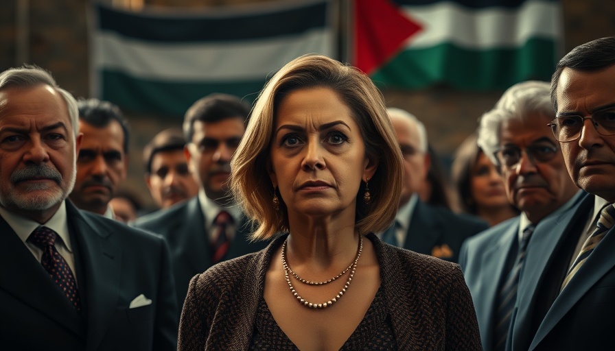 Serious woman and global figures, Palestinian recognition focus.