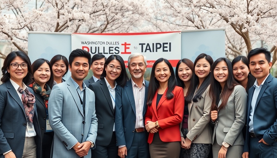 Diverse group promoting Washington Dulles Taipei Airport connection with cherry blossoms.