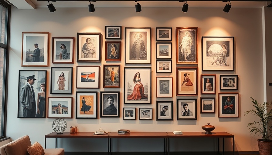 Art gallery wall showcasing various framed prints in a stylish indoor setting.