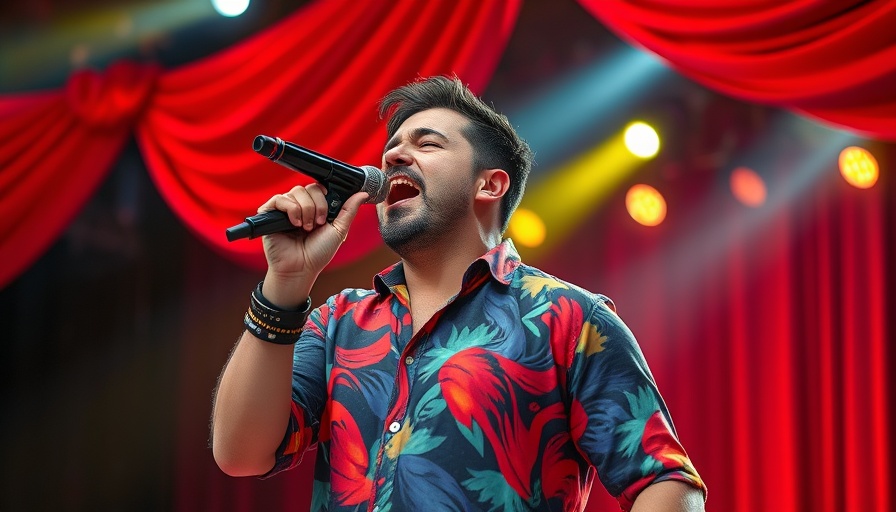 Energetic male singer passionately performing on stage, D4vd’s Romantic Homicide.