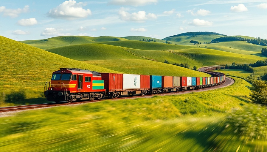 Intermodal logistics UK freight train in rural landscape.