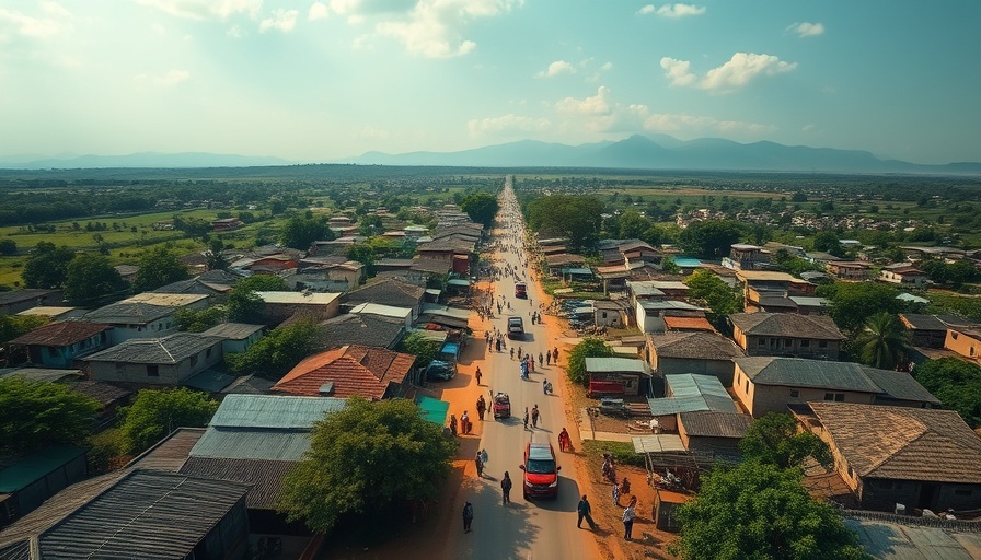 Aerial view of rural town in Malawi emphasizing community life and nearby fields, relevant to Malawi rare-earth minerals trade.