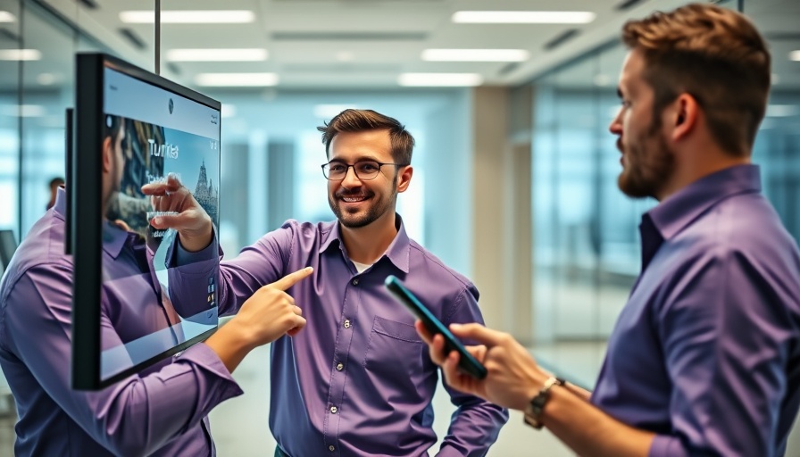 Men demonstrating tourist app in Kenya payment context, modern office.