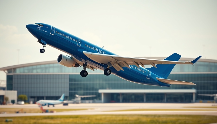 Airplane taking off from an airport terminal, showcasing sustainable aviation.