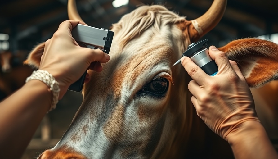 Cow treated in barn due to illegal cattle imports Mexico, dim lighting.