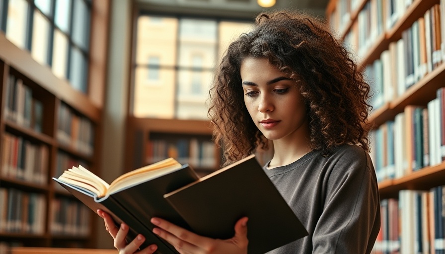 Latino student engaged in reading at a library, showcasing education.