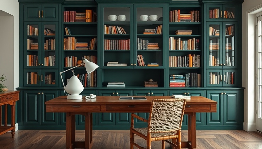 Stylish office desk with organizers against green bookshelf background.