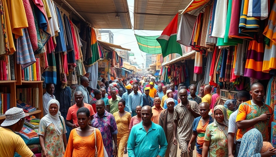Lively Nigerian informal market scene with colorful textiles.