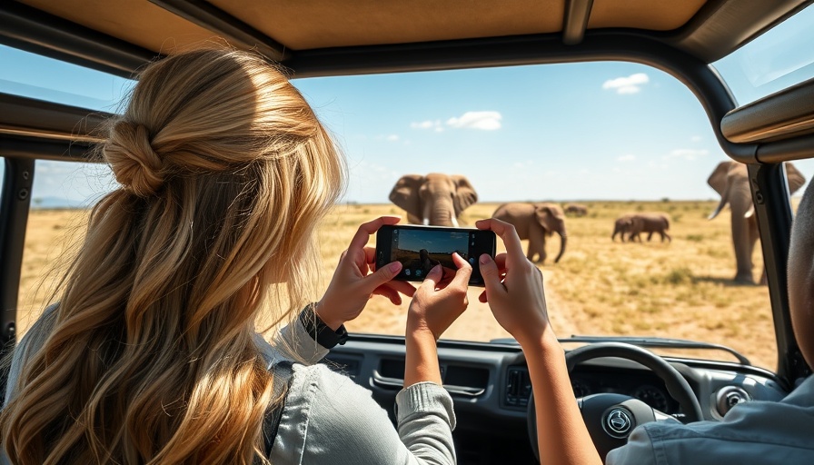 Solo female travel in Africa: blonde woman on safari photographing elephants.