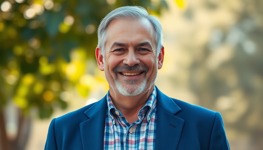 Portrait of a middle-aged man smiling in a blue blazer with foliage background.