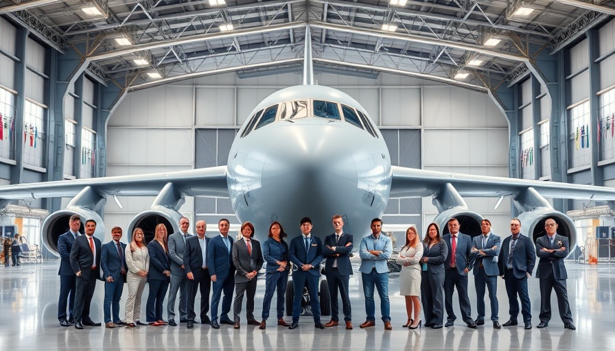 KC-390 Millennium aircraft with professionals in hangar showcasing new visual identity.