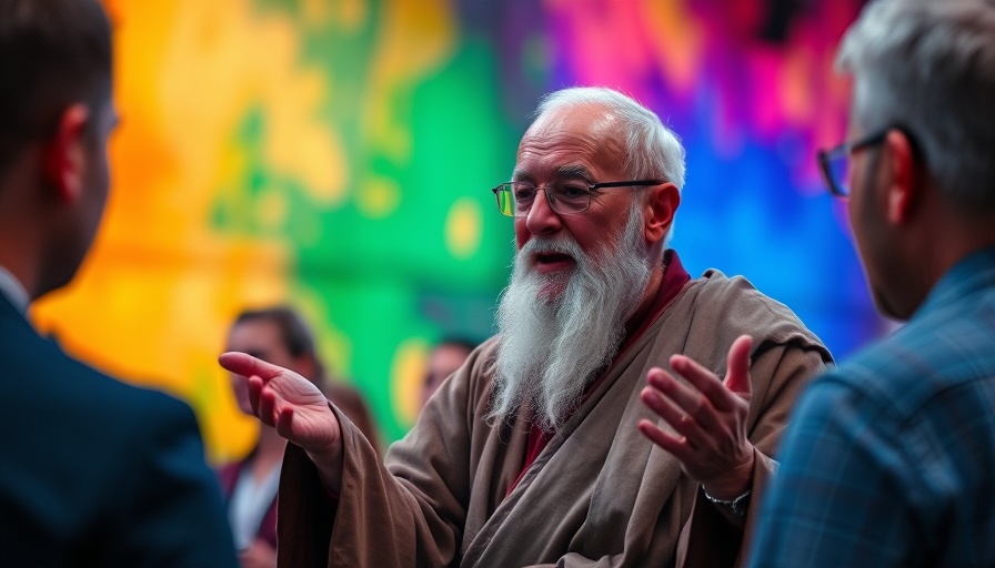 Dalai Lama spiritual leader speaking with vibrant background.