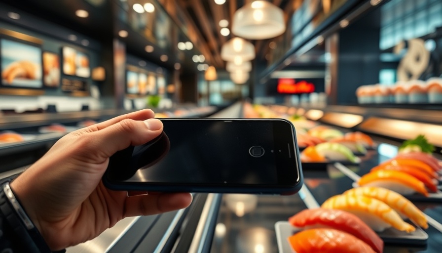 Smartphone showcasing AI application for sushi cooking in restaurant.