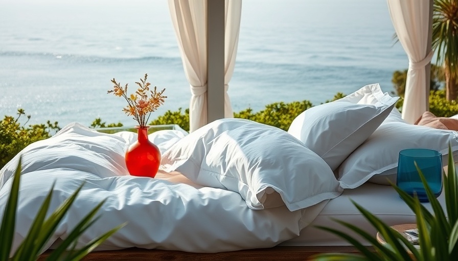 Luxurious white bedding outdoors with sea view and vibrant decor.