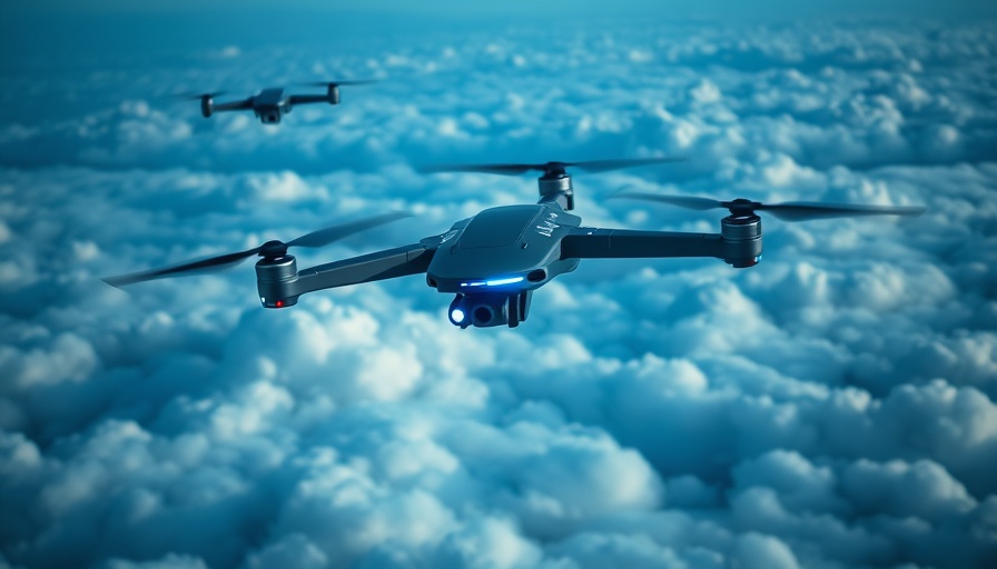 Futuristic unmanned aircraft in formation over clouds, digital tech style.