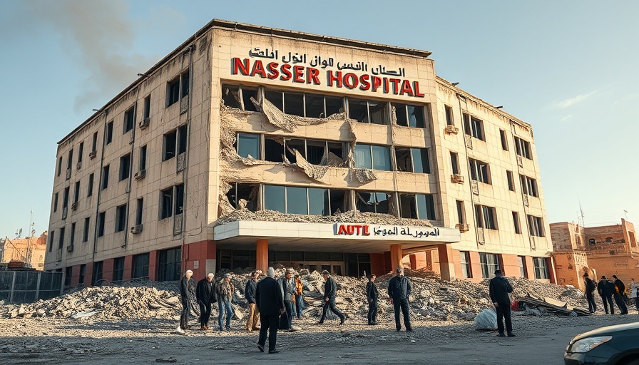 Nasser Hospital exterior with visible damage and debris.
