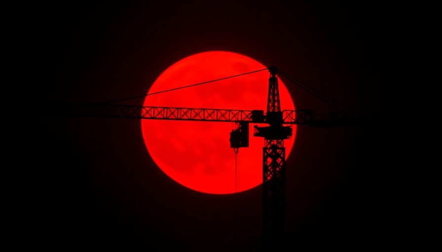 Striking red supermoon and crane silhouette against night sky.