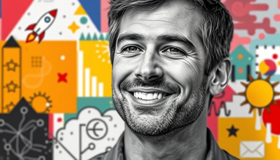 Abstract portrait of a man with geometric background and icons.