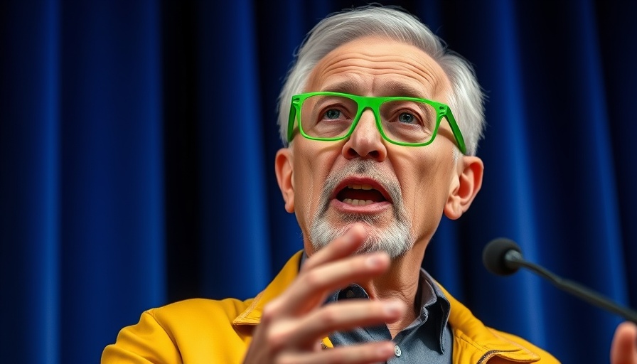 Speaker on stage using persuasion techniques in a vibrant outfit.