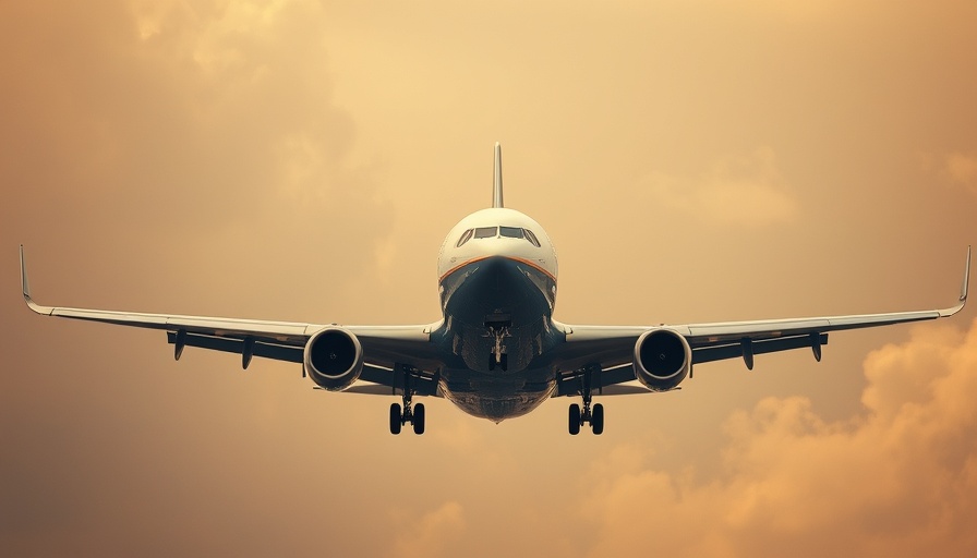 Passenger airplane flying under a cloudy sky with sepia tones.