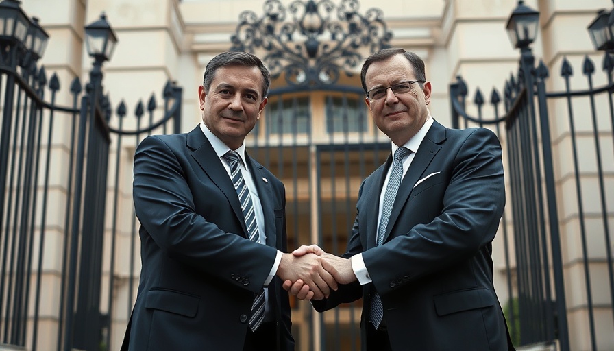 Formal handshake outside government building, recognizing Palestine impact.