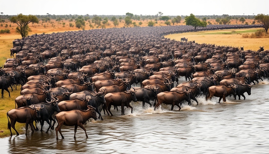 Wildebeests crossing river; ideal safari booking strategies destination.