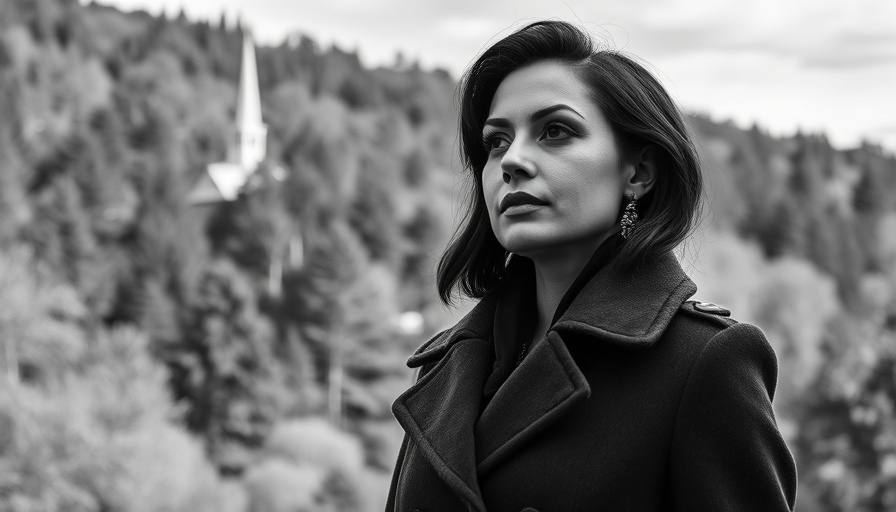 Elegant woman in coat, serene black and white setting, real estate backdrop.