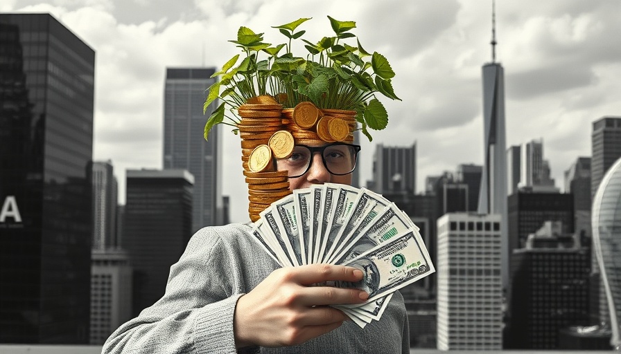 Surreal investing concept with coins and plants over cityscape.