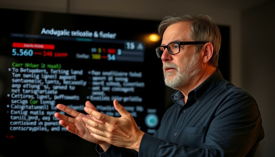 Middle-aged man explaining zero-click attacks with digital graphics, zero-click attacks and AI context.