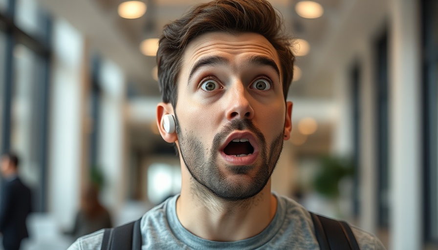Surprised man with AirPods, expressing amazement indoors.