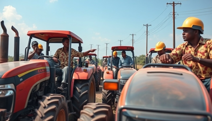 Farmers using affordable mechanization in Nigeria with tractors.