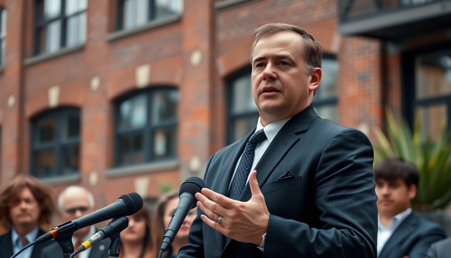 Confident man speaking at microphone with urban background
